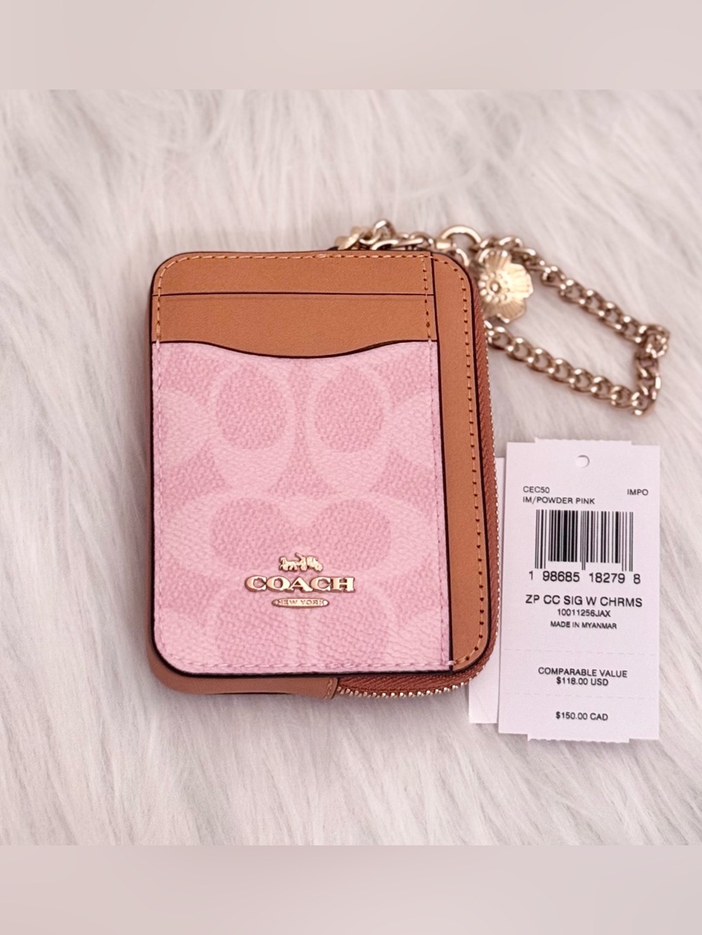 NWT Coach Zip Card Case With Chain & Charms in Powder Pink CEC50